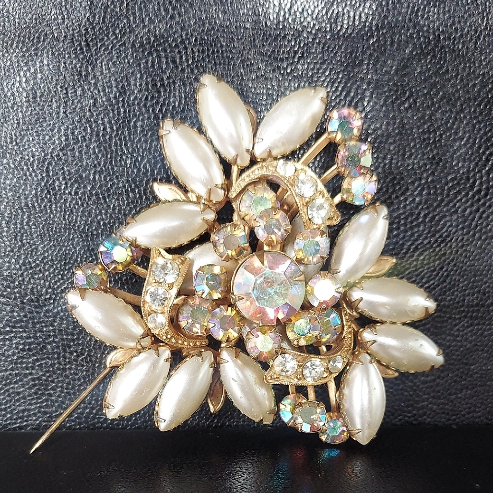Vintage Pearl Rhinestone And Aurora Borealis Large Brooch Pin